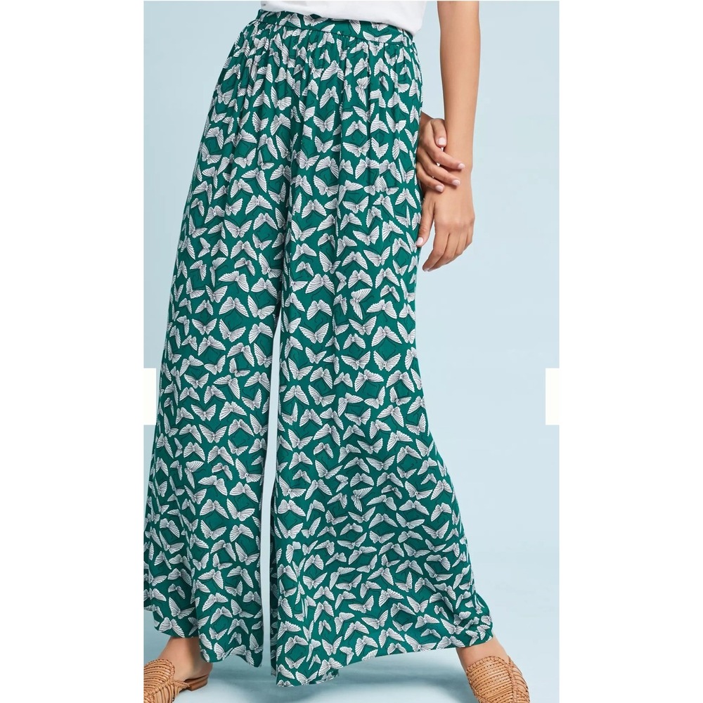 Maeve Acker Wide Leg Pants Womens XS S Green Butterfly Print Anthropologie - Picture 2 of 11